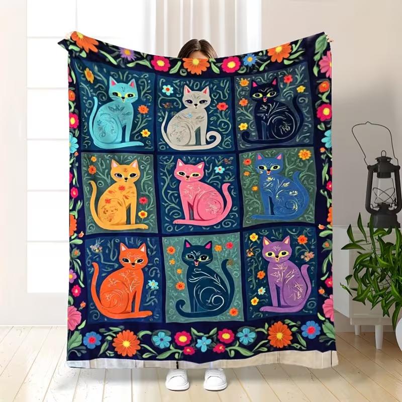 Pandara Jewelry Unisex Vibrant Cat & Flower Flannel Blanket Nine-Panel Patchwork With Expressive Cats Botanicals Soft Bedspread Suitable For Bed, Couch