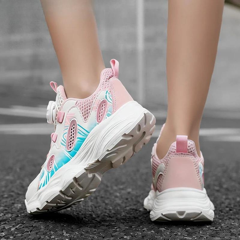 Summer Breathable Children’s Casual Shoes for Girls Rotating Button Sports Running Shoes Outdoor Fashion Flat Walking Sneakers