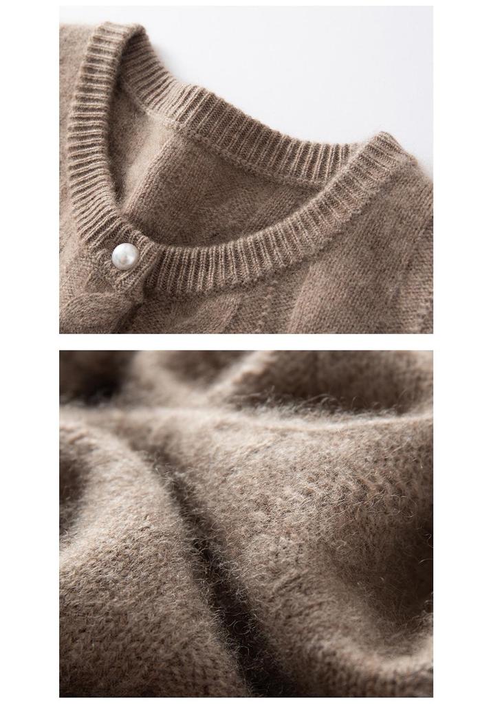 2025 Autumn/Winter Women's Chic Cashmere Cable Knit Cardigan with Pearl Buttons