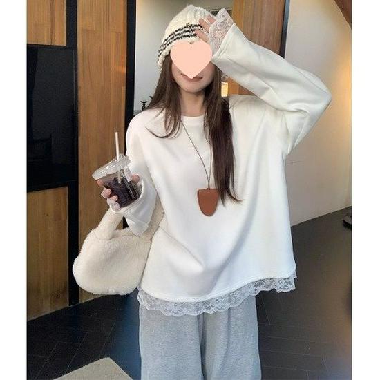 Women's Autumn Lace-Trim V-Neck Long Sleeve Fleece-Lined Loose Shirt