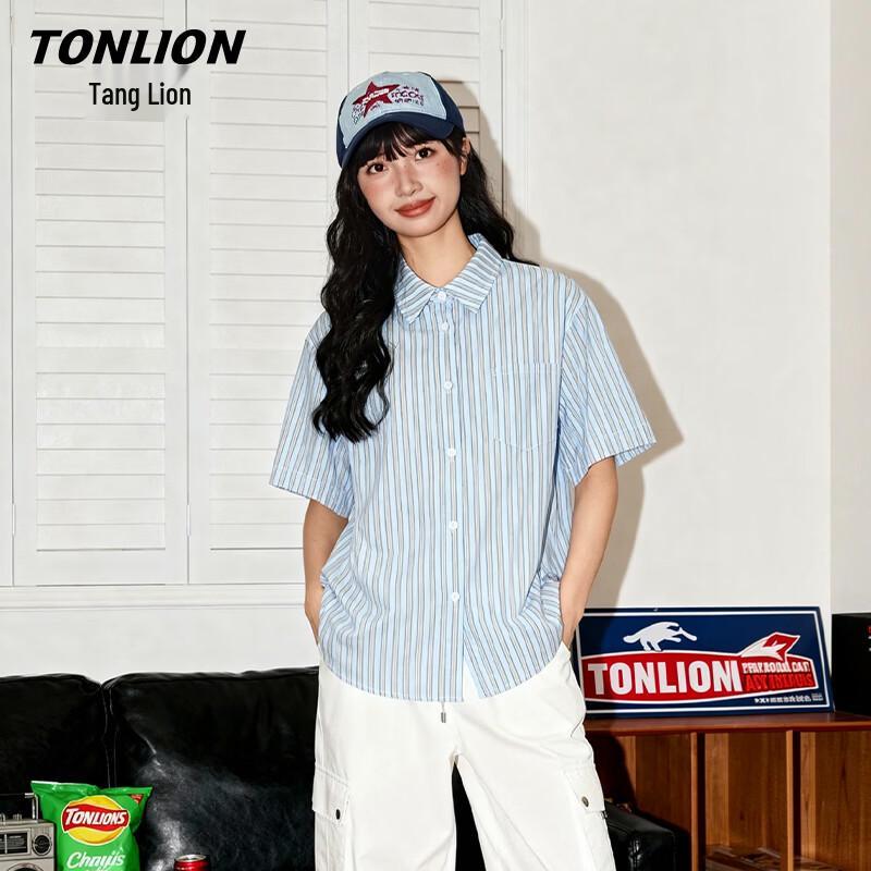 TonLion Women s Blue Striped Short-Sleeve Polo Shirt M
