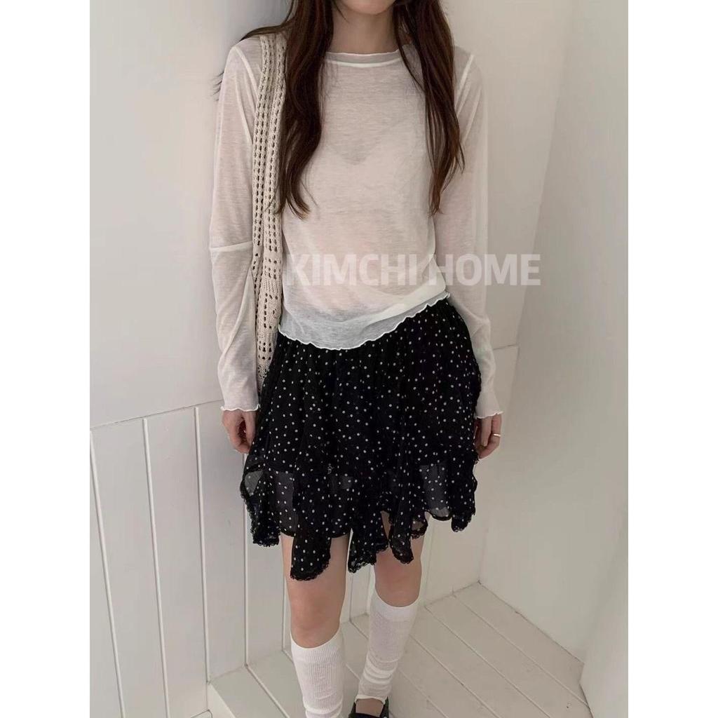 Süßer Rüschen-Cardigan mit Rundhalsausschnitt in Milchgeschmack-Optik zum Layern - Damen Dünnes, halbtransparentes Langarm-T-Shirt