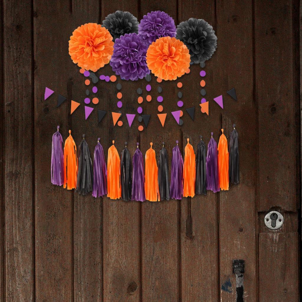 Halloween Tissue Paper Pompoms Set with Tassels Assorted Sizes Decorations for Indoor and Outdoor Use Party Supplies