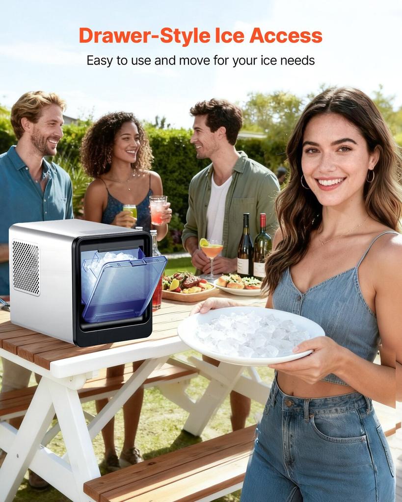 Countertop Ice Maker, 15 Kg Per Day, Self-Cleaning Portable Machine with Scoop, Drawer-Style Ice Access, Nugget Ice-Making Machine with Chewable Ices