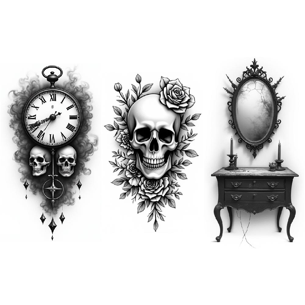3pcs Temporary Tattoo Realistic Temporary Tattoos Skull And Flowers Skull With Snake Antique Mirror For Women Thighs Arms