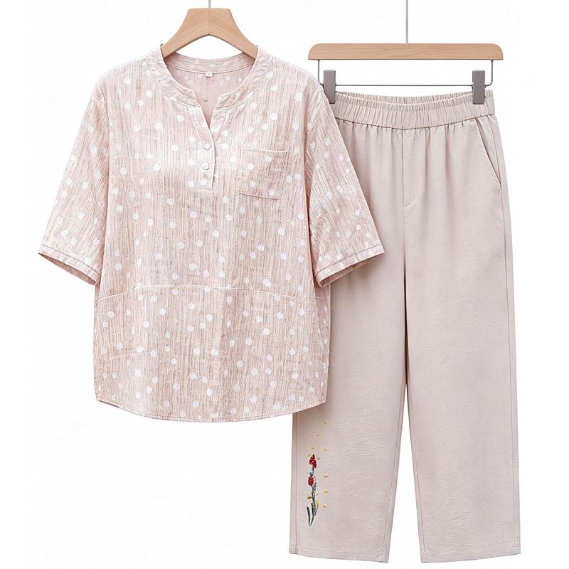 Women's Plus Size Polka Dot 2-Piece Outfit, Henley Neck Top & Embroidery Pants (3XL-7XL)