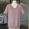 Women Plus Size V‑Neck Short Sleeve Knit Top Rhinestone Beaded Casual Knitted Sweater