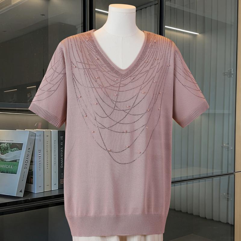 Women Plus Size V‑Neck Short Sleeve Knit Top Rhinestone Beaded Casual Knitted Sweater