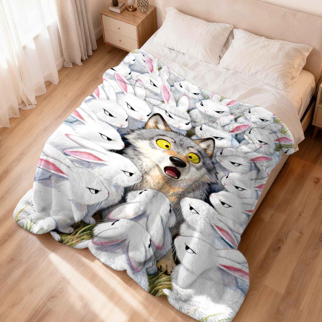 Fun wolf and rabbit pattern Flannel printed blanket suitable for all seasons suitable for living room office sofa and travel