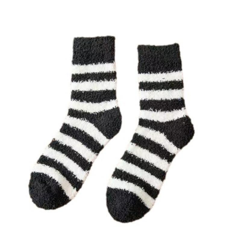Coral Wool Socks - Men's Striped Half-wool Mid-calf Socks - Non-shedding, Thick and Warm Floor Socks, Home Wear Socks, with Added Wool Padding