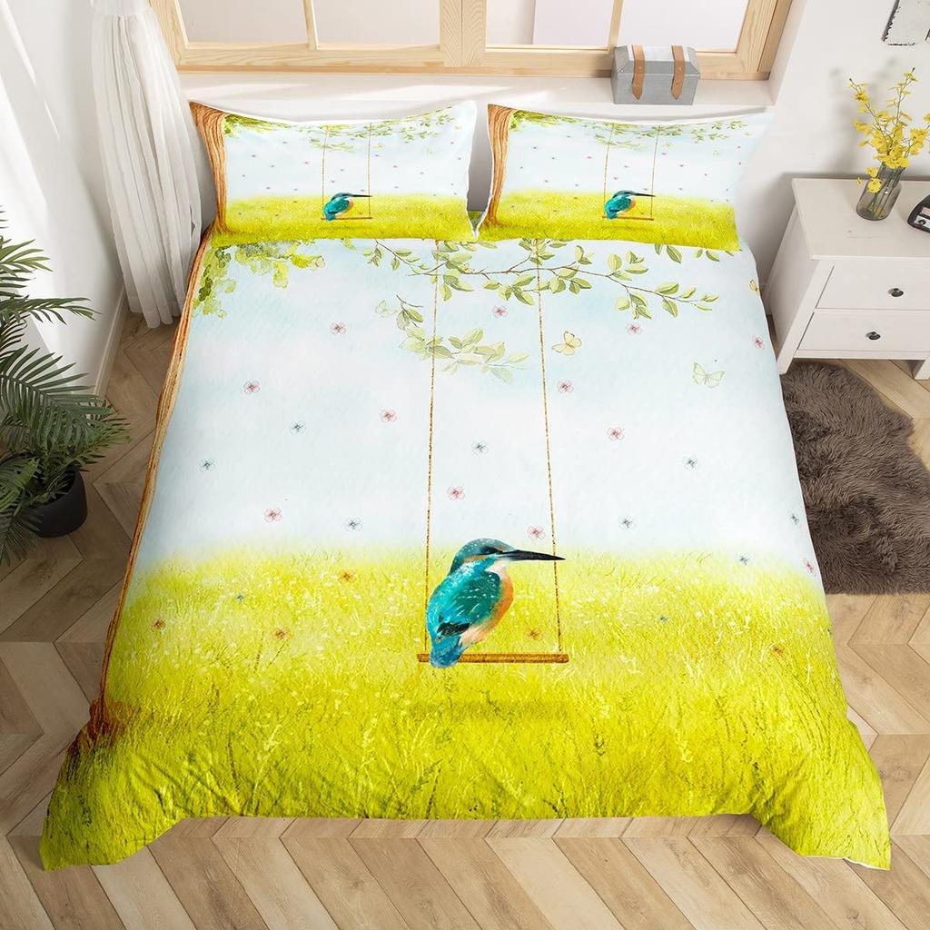 Hummingbird Floral Duvet Cover Birds Bedding Set Blue Green Spring Wild Animals Botanical Comforter Cover Polyester Quilt Cover