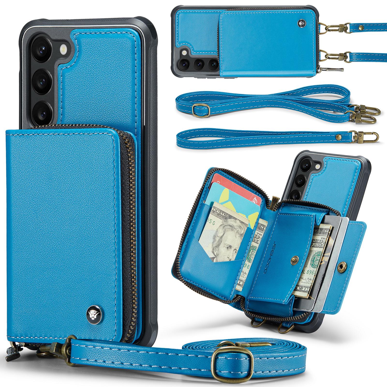 Crossbody Leather Cards Slot Wallet Case for Samsung Galaxy S23 Ultra S23Plus S21 S22 Lanyard Hand Strap Coin Purse Bag Cover For Samsung S21&Case & Strap синий