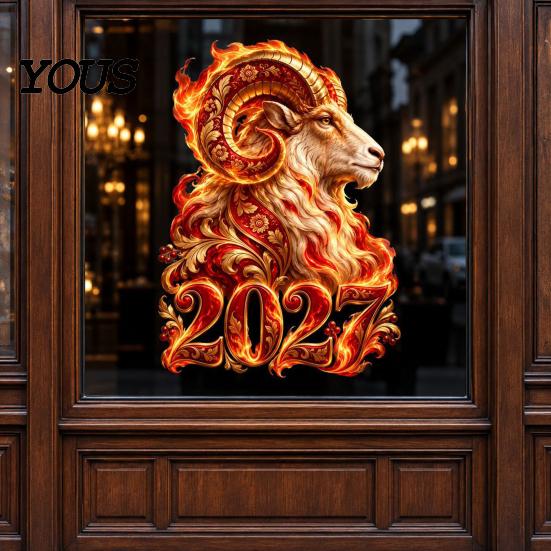 Store Window Ornaments 2027 Zodiac Sheep Static Clings, Red Russian New Year Glass Decals, Seasonal Decals Reusable No Residue Stickers for Home Shop