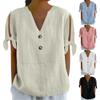 Women's Cotton Linen Shirt Short-sleeved Hollow V-neck Top Casual Knot T-shirt Loose Solided Color T-shirt Top