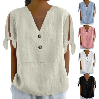 Women's Cotton Linen Shirt Short-sleeved Hollow V-neck Top Casual Knot T-shirt Loose Solided Color T-shirt Top