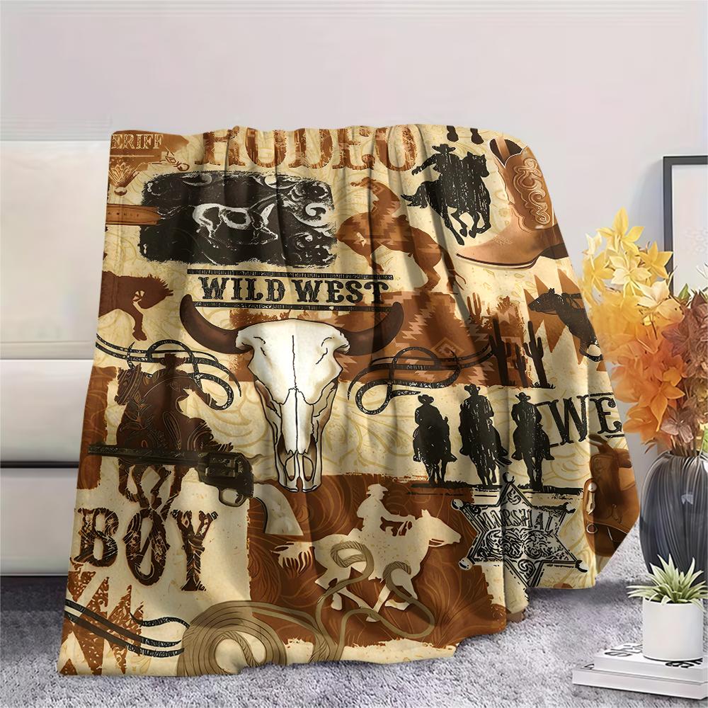 1Pc Western Print Flannel Blanket, High Quality Comfortable for All Seasons, Home Decor, Warmth and Comfort, Perfect for Christmas Gifts
