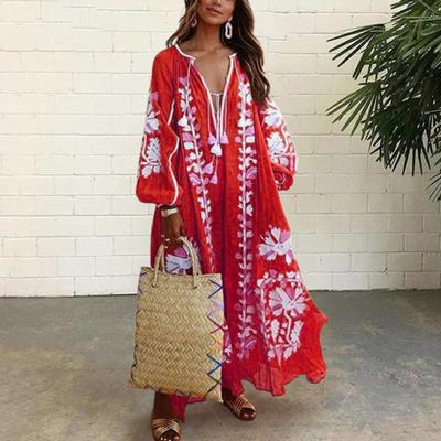 Summer Women Dress Deep V Neck Tassel Long Sleeve Retro Bohemian Style Oversized