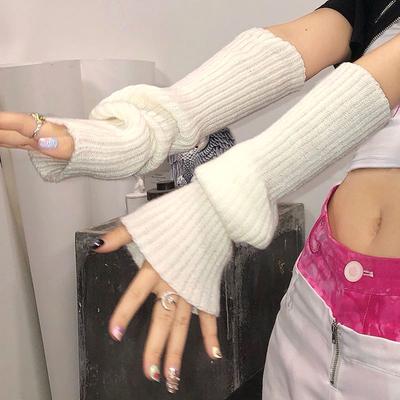 Damen Winter Strick Winter 40cm Armstulpen Japanisch Weiß Schwarz Goth Kawaii Fingerlose Handschuhe Stulpen Harajuku Strümpfe