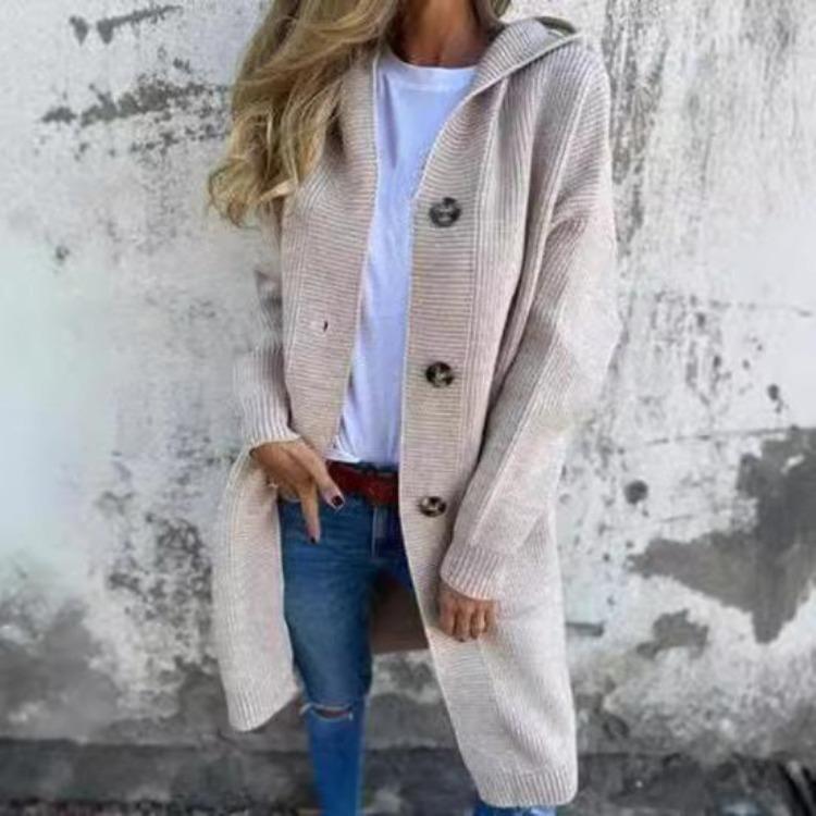 Women Knitted Cardigan Sweater Coat Long Sleeve Hooded Solid Color Mid Length with Pockets