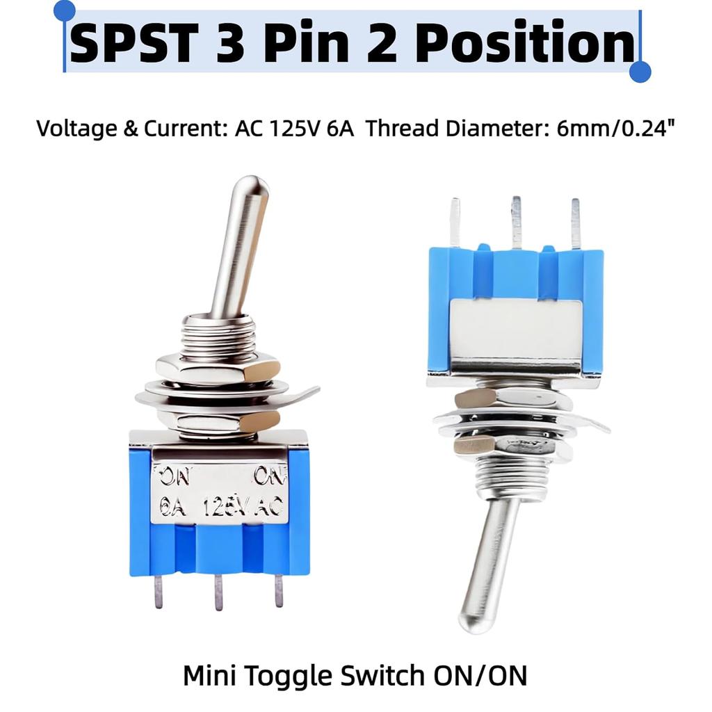 12PCS Mini Toggle Switch SPST 6A 125V Miniature ON/ON 3 Pin 2 Position Micro Rocker Switches 6 Amp 125 Volt MTS-102