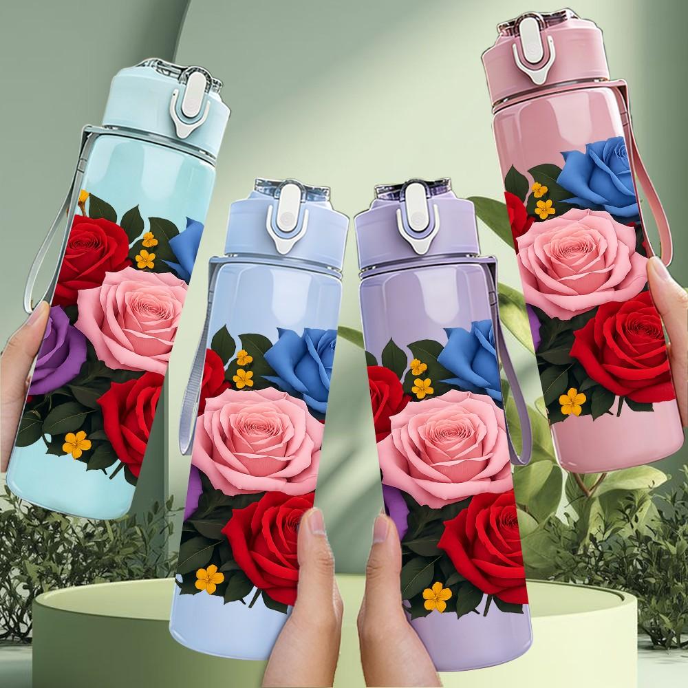 1PC Mixed Rose Flower Bouquet Print 750ml Color Plastic Sports Water Bottle Leakproof Flip Straw Lid Suitable for Sports Office Home Use