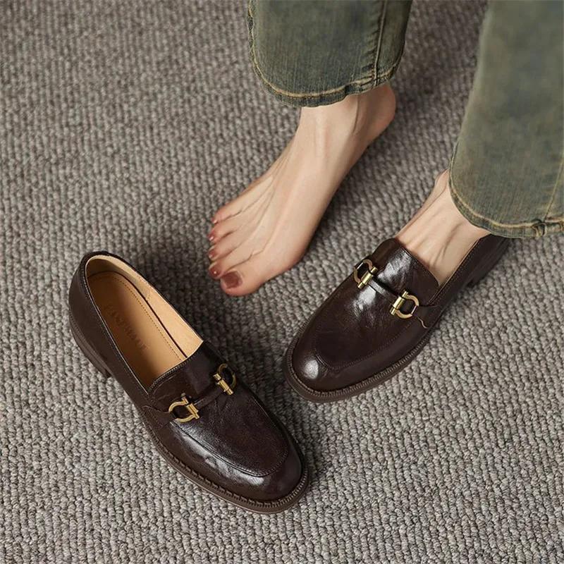 Fashion New Spring Sheep Leather Woman Shoes Round Toe Women Pumps Shoes for Women Chunky Heel Loafers Fashion Retro Casual Shoes