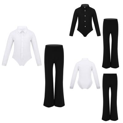 Boys Long Sleeve Romper Leotard Bodysuit Shirt with Pants Jazz Latin Dance