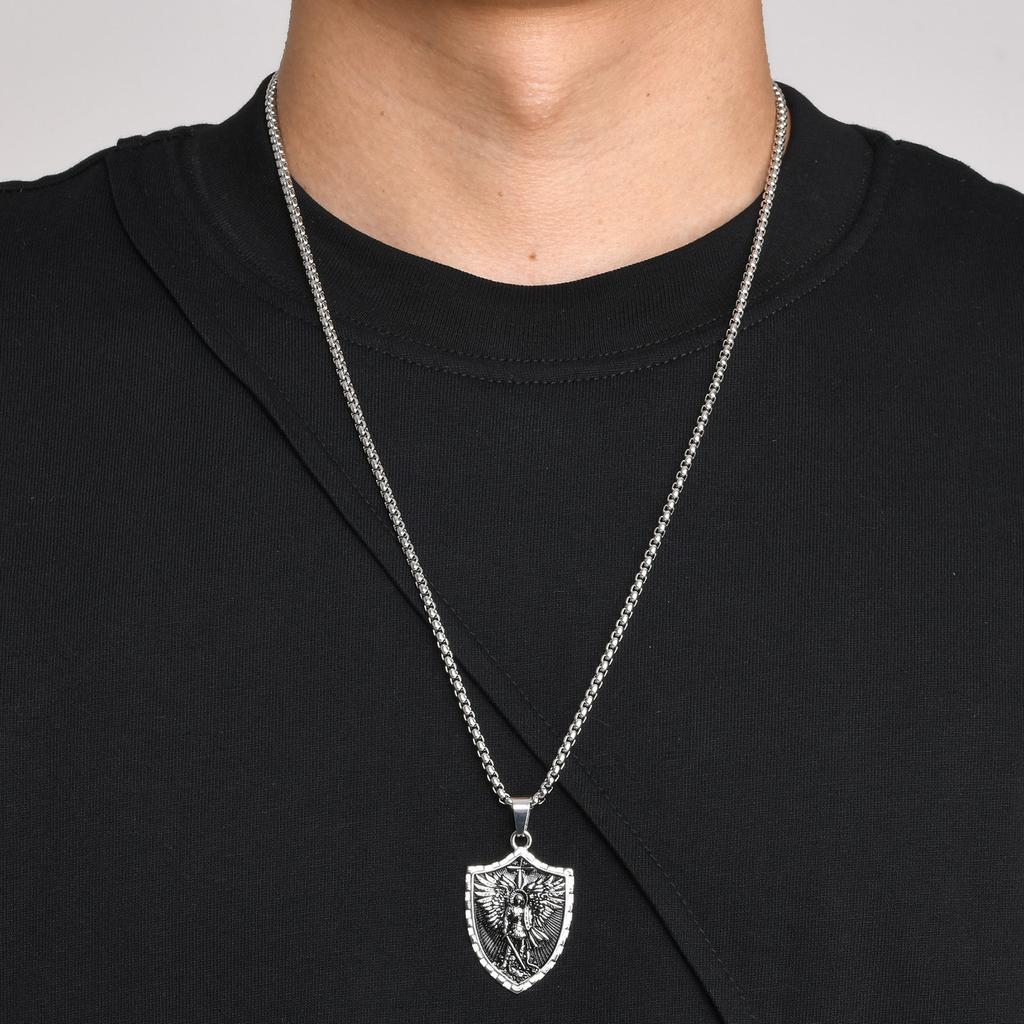 Stainless Steel St. Michael Shield Necklace for Men,Vintage Oxidized Saint Michael Pendant,Catholic Protection Jewelry Gift