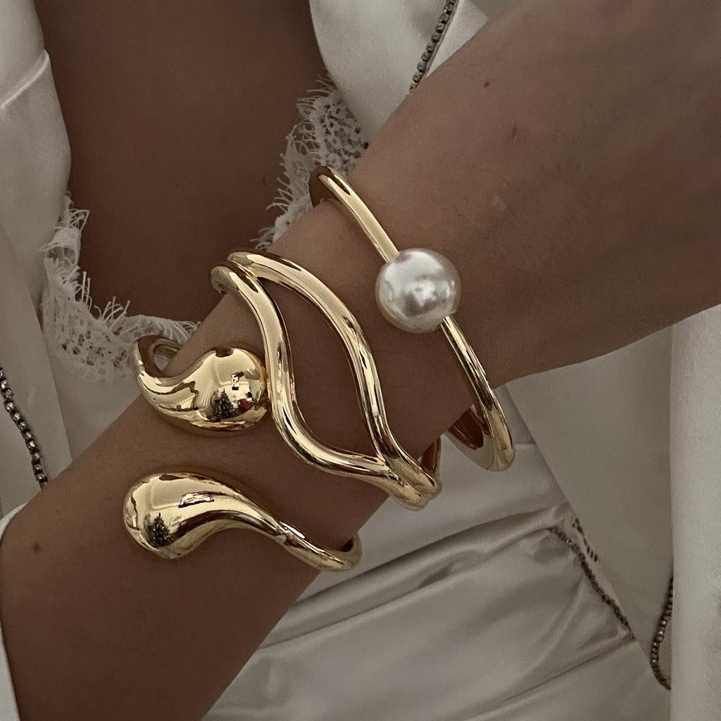 DIEZI 3 style Pearl Cuff Bangles Punk Hip Hop Men Gold Silver Color Metal Water Drop Spring Bangles  Women Bracelet Jewelry