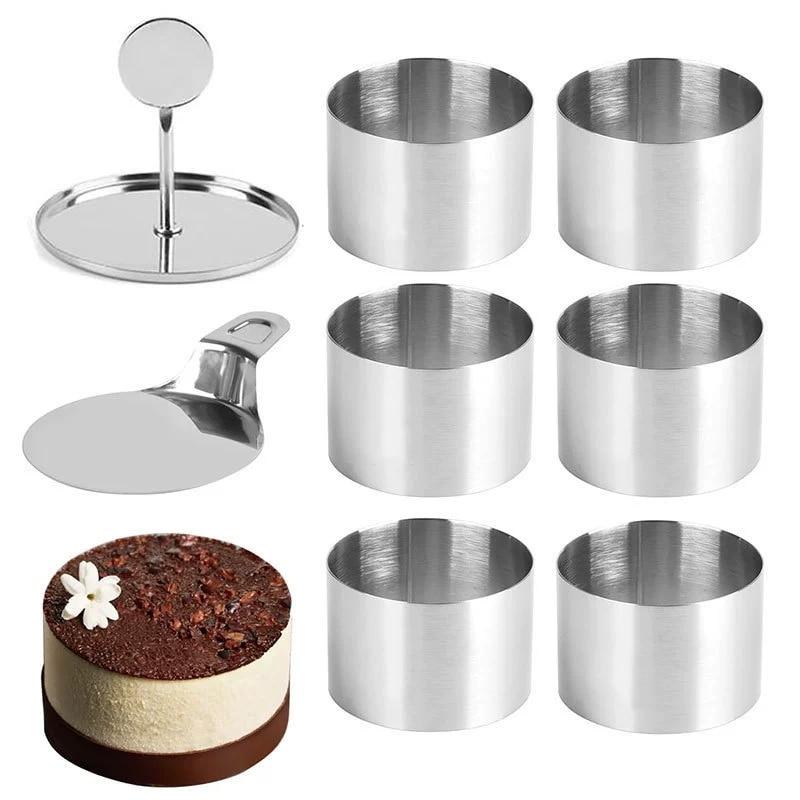 Stainless Steel Round Cake Molds 6-Pack, 7.5cm Mousse Ring Pastry Cutter with Cake Press and Lifter, Baking Ring for Dessert