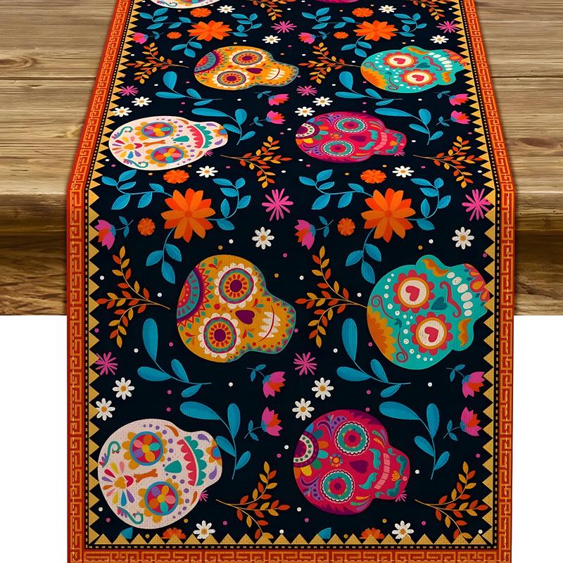 

Halloween Table Runner Faux Linen Long Strip Day of the Dead Christmas Holiday Dining Decor 33*60CM