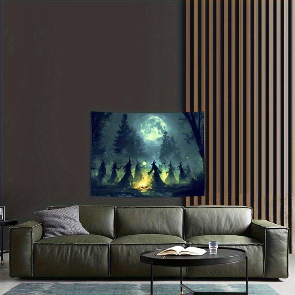 Tapestry Gothic Halloween Wall Tapestry - Dark Ceremony with Witches, Full Moon & Horned Figures, Polyester Fabric