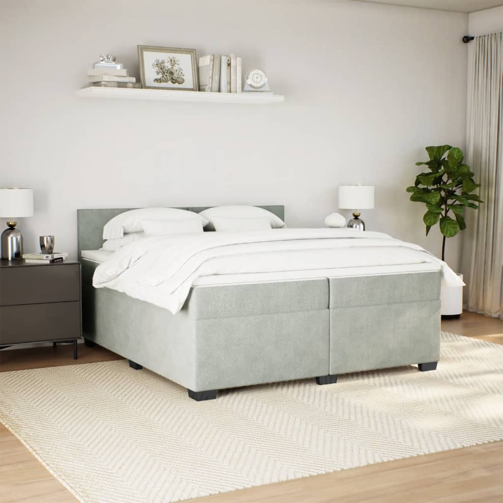 Box Spring Bed with Mattress Light Grey 200x200 cm Velvet