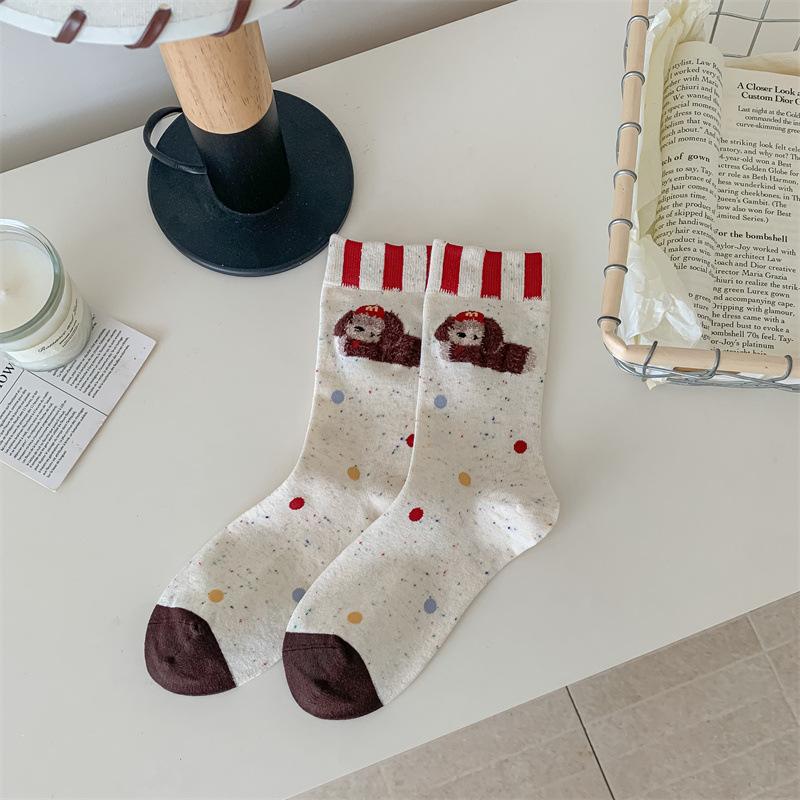 Sweet Plush Dog Student Mid-calf Socks for Girls Autumn and Winter School Style Cute Polka Dot Lace Pile Socks