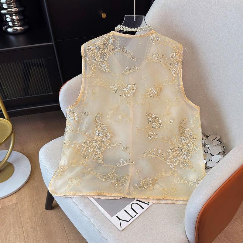 Medium Vest Vest Organza Retro Sleeveless Vest Thin Embroidered Vest Women's Summer