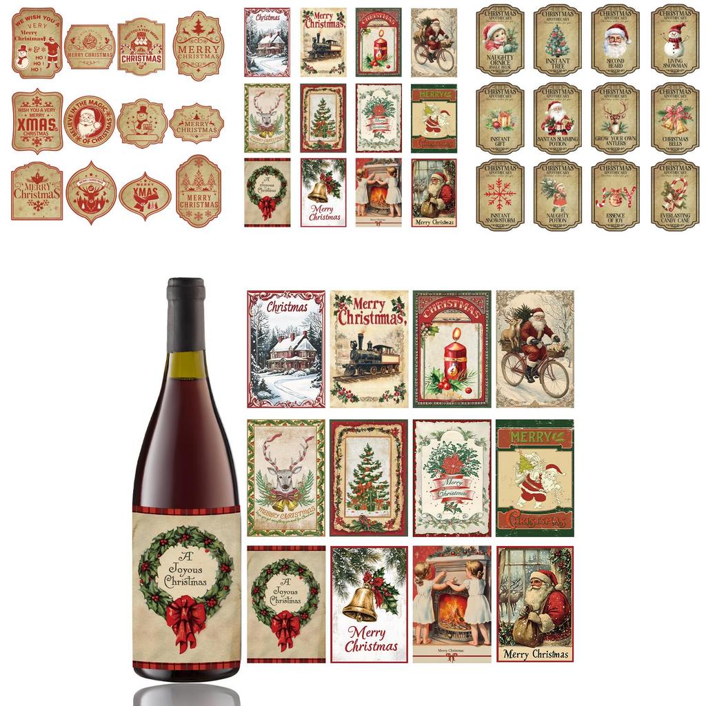 Vánoční dekorativní etikety na láhev vína s vintage designem pro výzdobu na sváteční párty