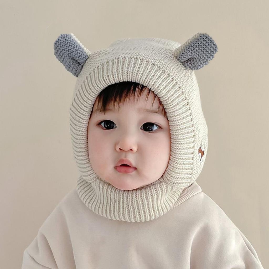 Baby hat autumn and winter fleece thickened knitted hat bear cute super cute baby wool hat men's and women's hat Korea