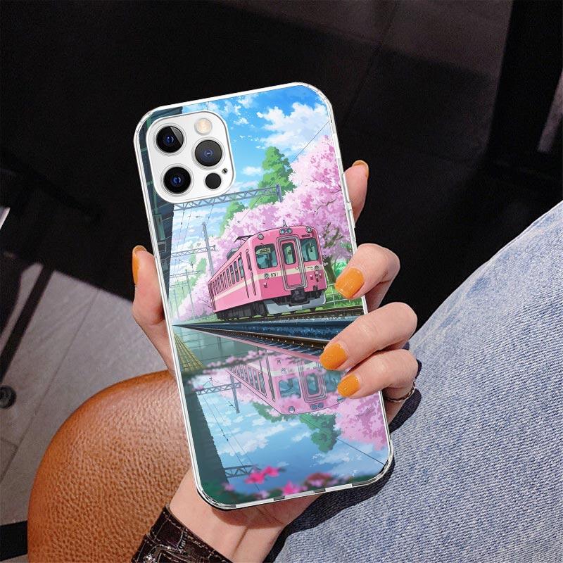 Retro Japanese Sakura Train Phone Case For iPhone 13 12 Mini 11 Pro Max XS XR X SE 7 8 Plus 5S 5 6S 6 Gift Print Cover Fundas