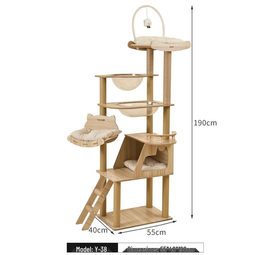 Large Wooden Cat Tree & Scratching Post with Space-Saving Design - Integrated Climbing Frame & House