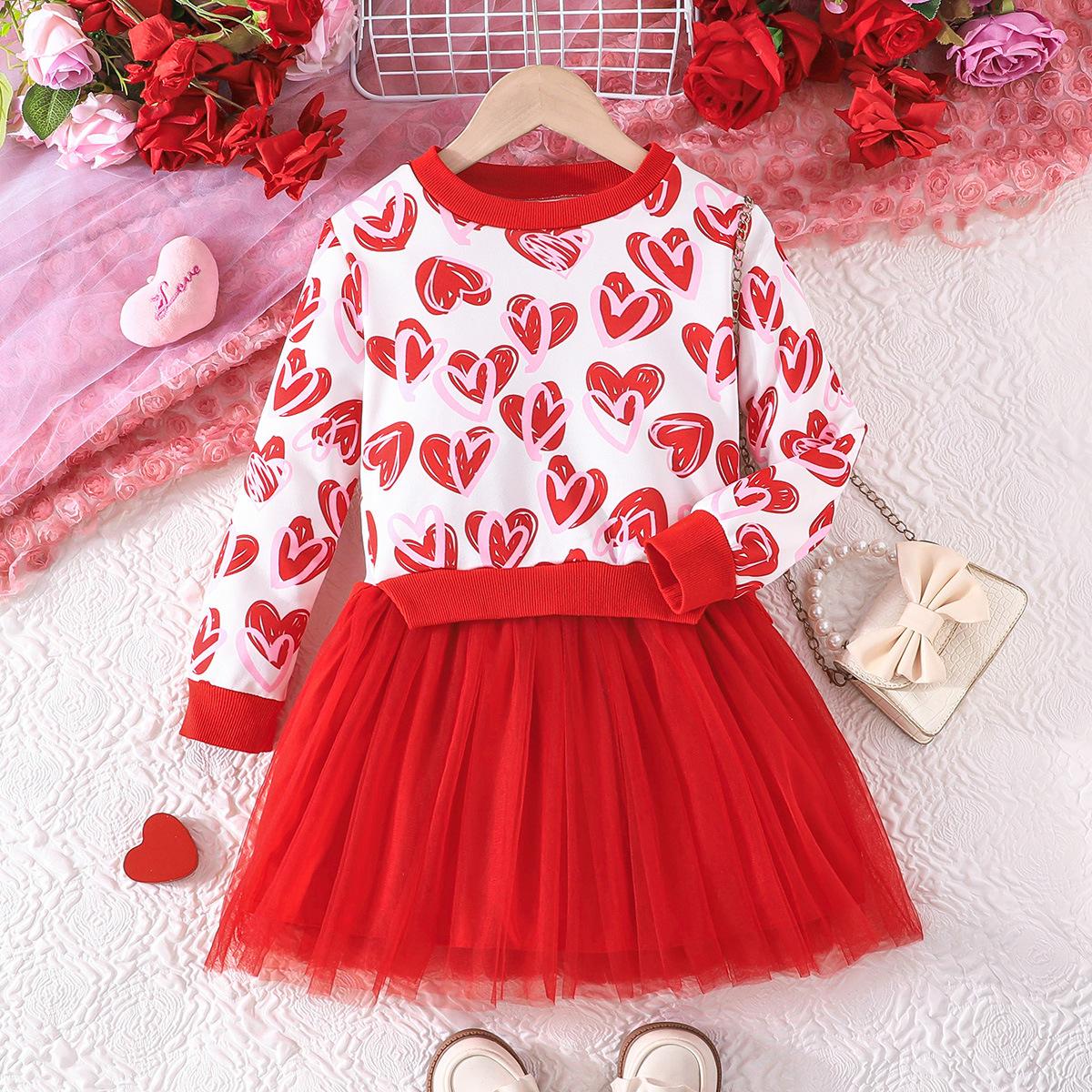 Платье с сердечками для девочек, весенне-осеннее, с длинным рукавом, сетчатое 4Y красный