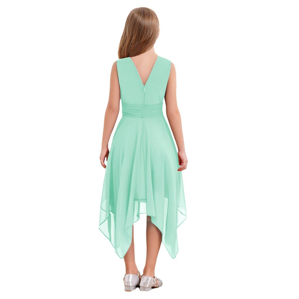 Fließendes einfarbiges Chiffonkleid für Mädchen V-Ausschnitt Ärmellos Asymmetrischer Saum Plissierte Taille Partyauftrittskleid