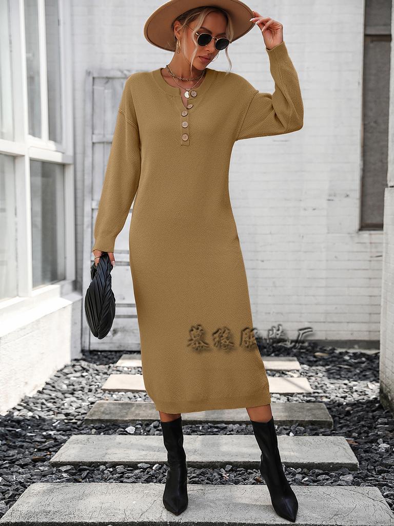 Autumn and winter new European and American button-knitted sweater dress fashion temperament commuter women's sweater women