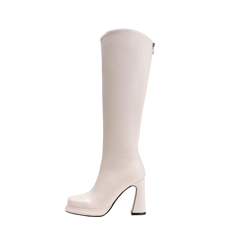 

2025 autumn and winter new Xiaoxiangfeng high-heeled boots thick-soled thin elastic boots high boots showing legs thin women s boots 34 абрикосовый