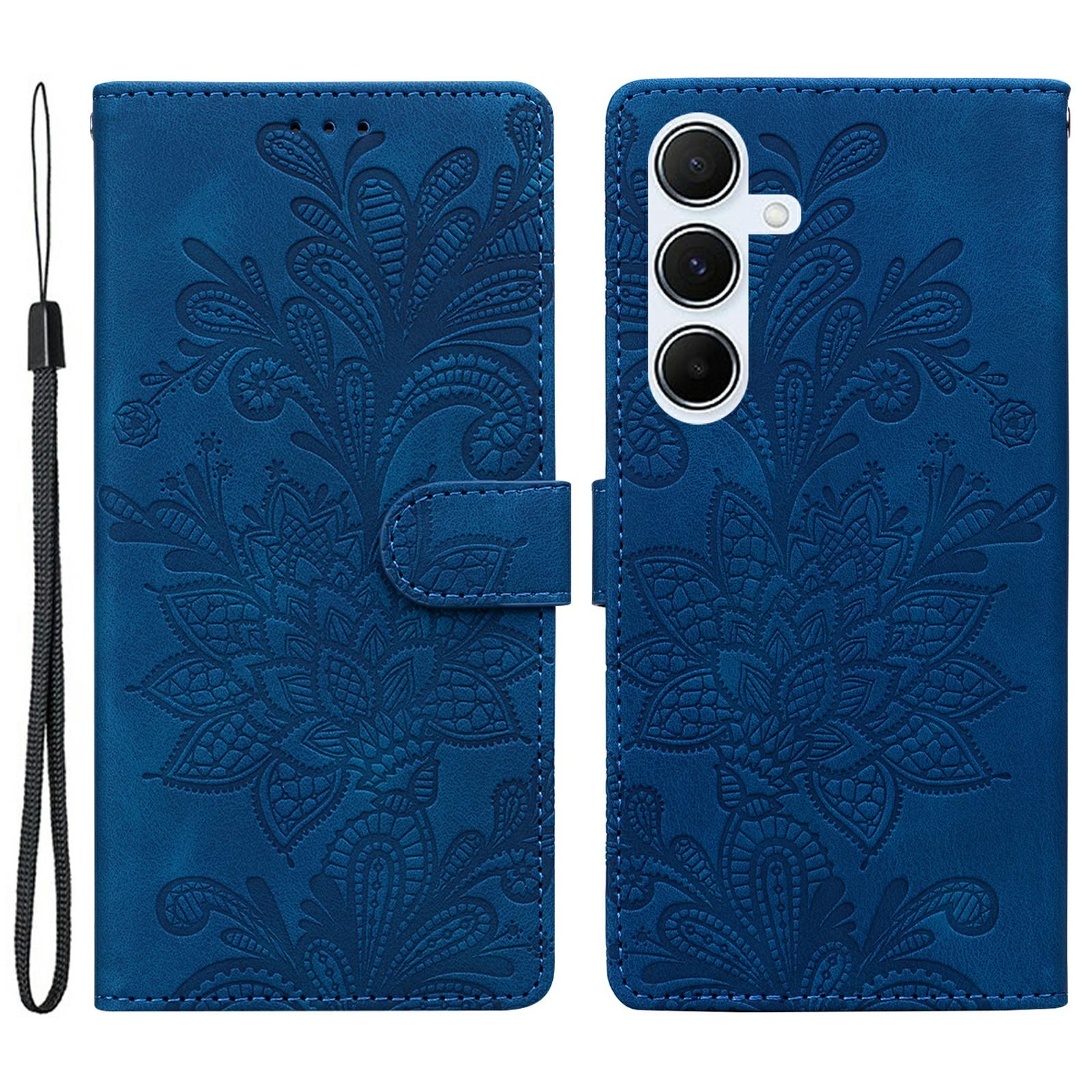 

For Samsung Galaxy A16 5G/4G Case Imprinted Lace Flowers PU Leather Wallet Phone Cover Dark Blue
