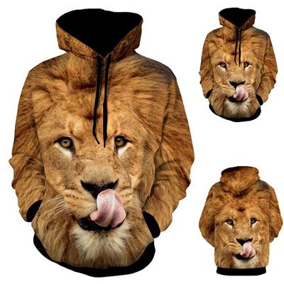 Men 3D Lion Print Long Sleeve Autumn Hooded Sweatshirts Pullover Front Kangaroo Pocket