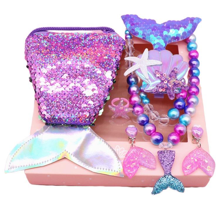 Mädchen Kleine Meerjungfrau Party Zubehör Halskette Ring Ohrring Armband Kinder Spielzeug Kinder Geburtstag Geschenk Magie Pailletten Geldbörse Stirnband