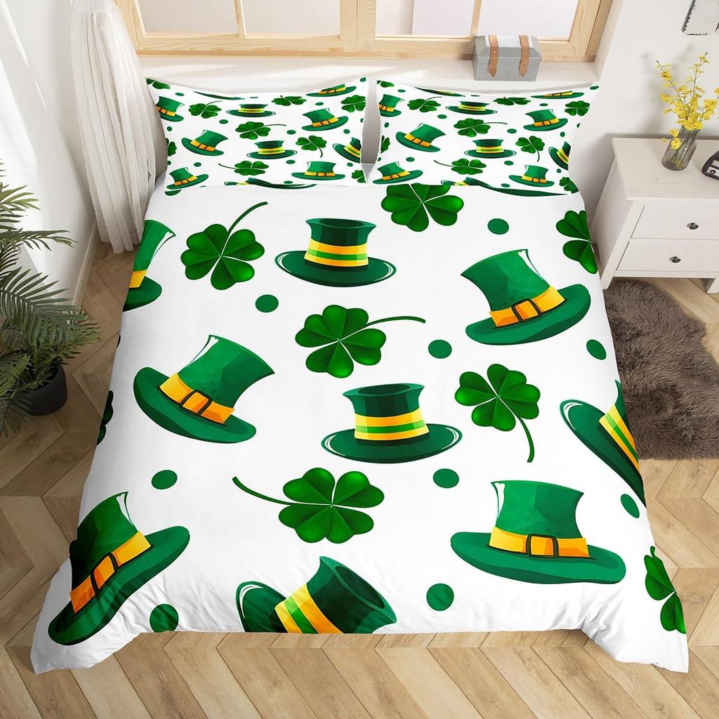 St. Patrick's Day Duvet Cover Queen Cartoon Green Clover Leaves Quilt Cover Holiday Spring Lucky Theme Bedding Set for Dorm Room