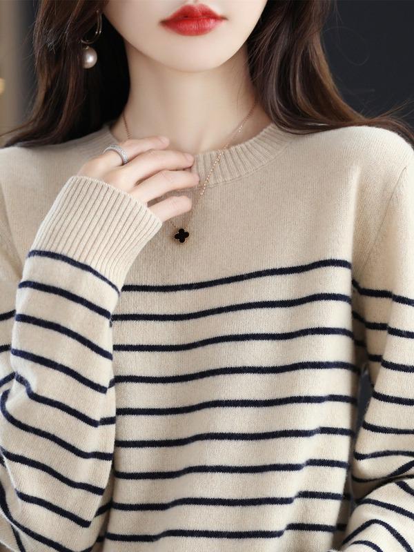 Women's Slim Fit Striped Pullover Sweater - 2024 Autumn/Winter Collection