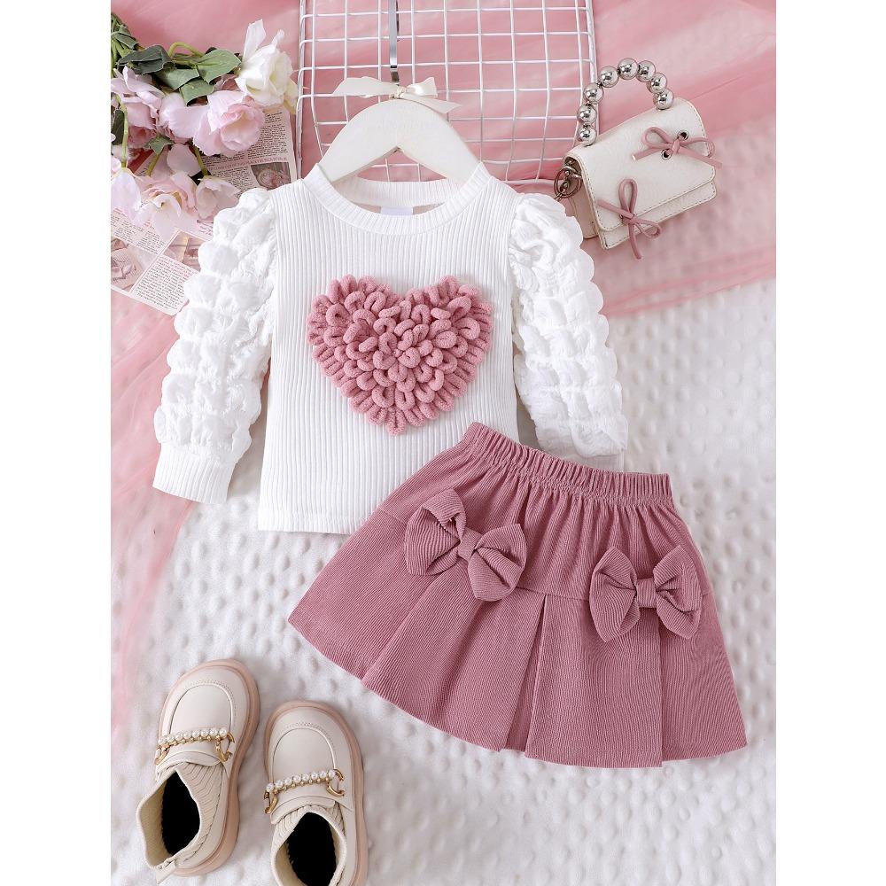 Children's Sweet Suit Spring and Autumn Girls Bubble Sleeve Love Top + Bow Skirt 2pcs Kids 6M-3Y Clothing