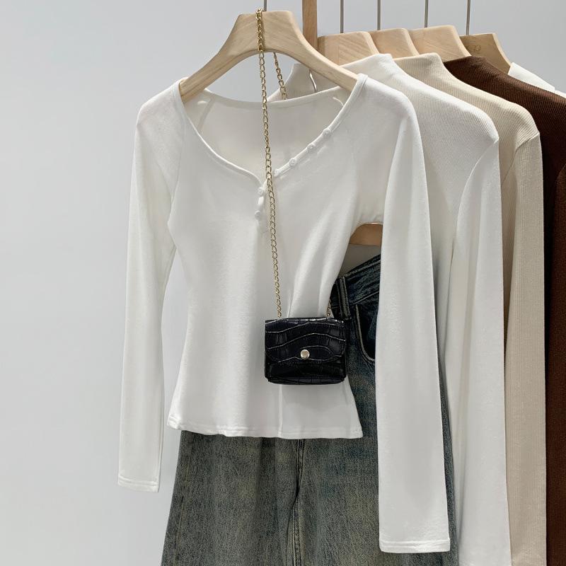 Korean Chic Button V-Neck Women s Slim-Fit Long-Sleeve T-Shirt, Autumn Winter 2025 Collection M белый